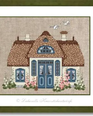 Friesenhaus mit Stockrosen, blau - Stickpackung