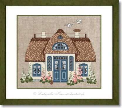 Friesenhaus mit Stockrosen, blau - Stickpackung