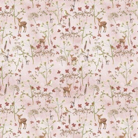 Rehe und Blüten - Baumwollstoff